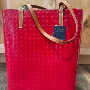 Arcadia Glossy Red Tote with Tan Straps